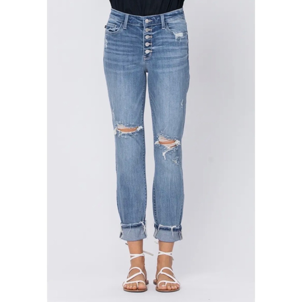 Judy Blue High Waist Button Fly Distressed Boyfriend Jeans Cuffed Hem 22W NWT